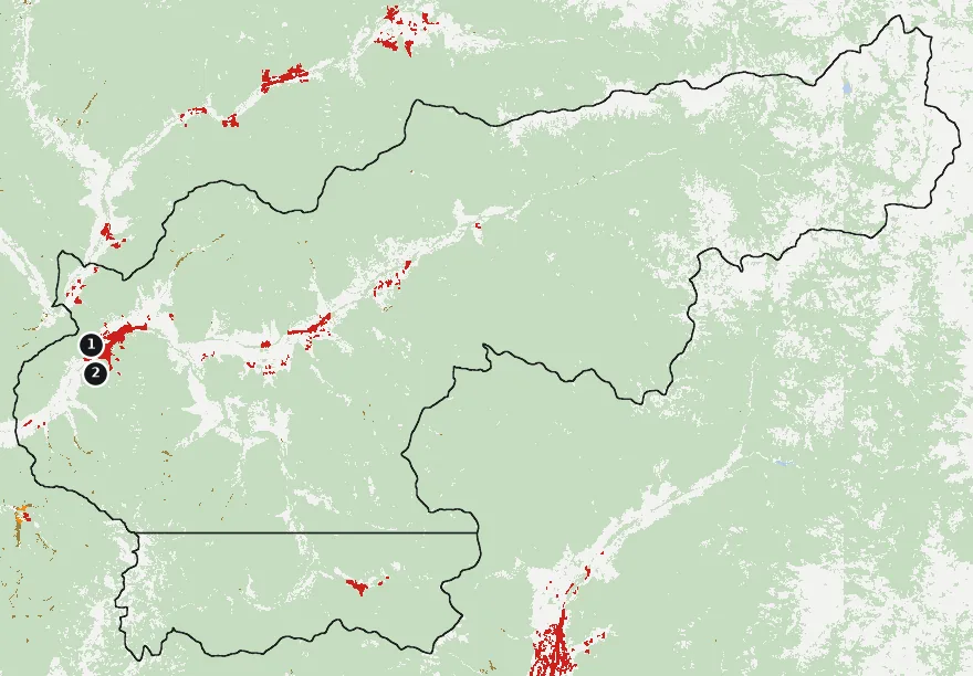 Mapa de Cabildo con las zonas pobladas, la plantación forestal a menos de 500 m y el área quemada entre 2023 y 2025