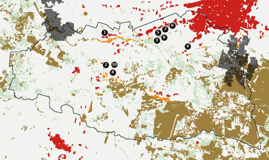 Mapa de Chillán Viejo con las zonas pobladas, la plantación forestal a menos de 500 m y el área quemada entre 2023 y 2025