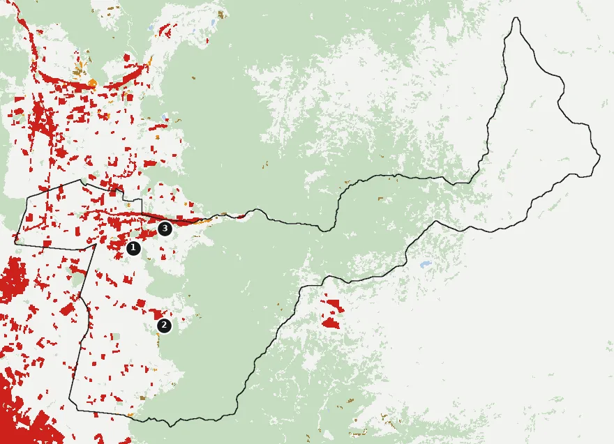 Mapa de Codegua con las zonas pobladas, la plantación forestal a menos de 500 m y el área quemada entre 2023 y 2025