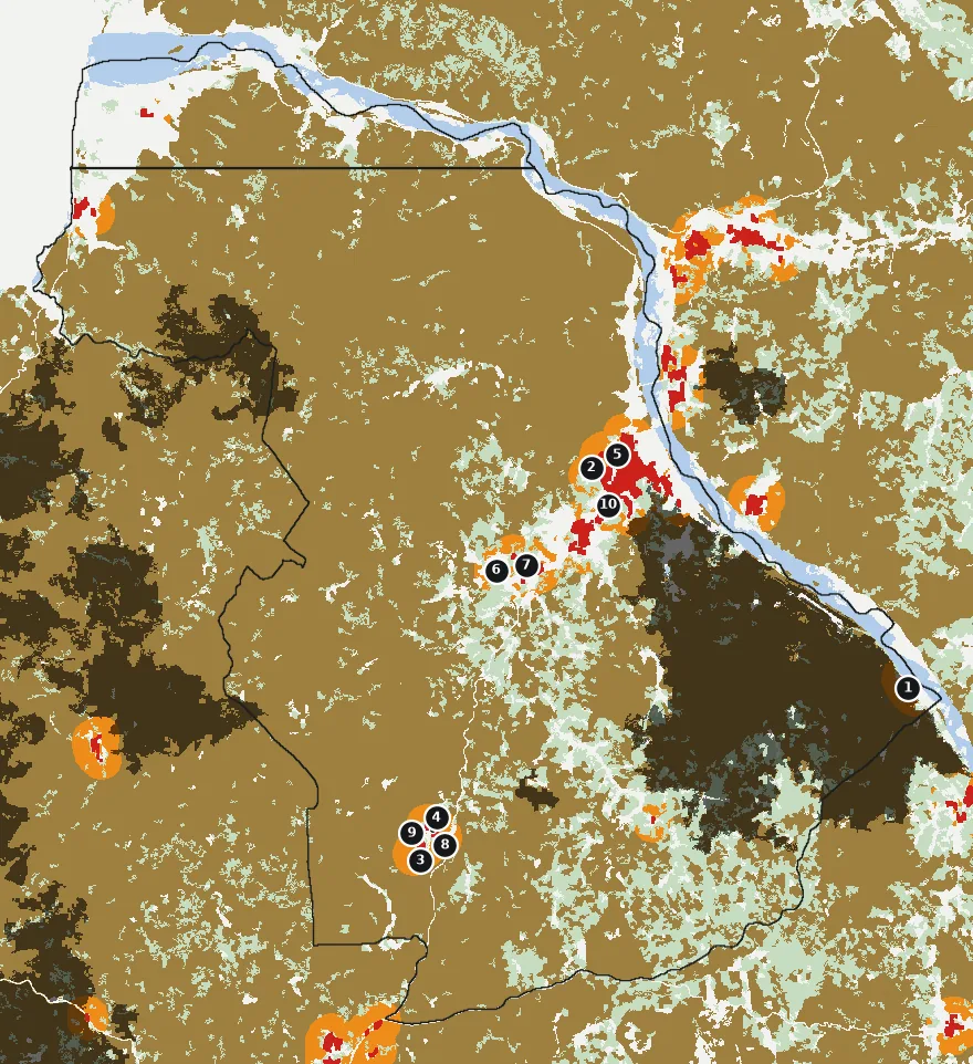Mapa de Coelemu con las zonas pobladas, la plantación forestal a menos de 500 m y el área quemada entre 2023 y 2025