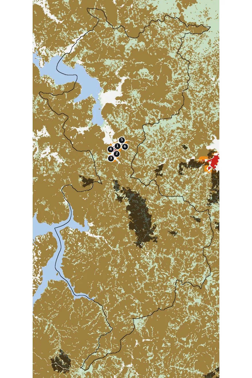 Mapa de Contulmo con las zonas pobladas, la plantación forestal a menos de 500 m y el área quemada entre 2023 y 2025