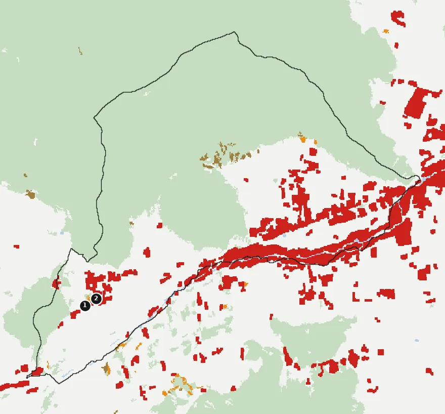 Mapa de Doñihue con las zonas pobladas, la plantación forestal a menos de 500 m y el área quemada entre 2023 y 2025