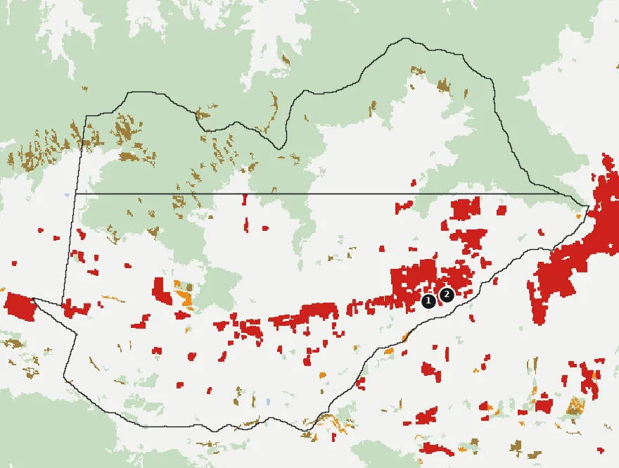 Mapa de El Monte con las zonas pobladas, la plantación forestal a menos de 500 m y el área quemada entre 2023 y 2025