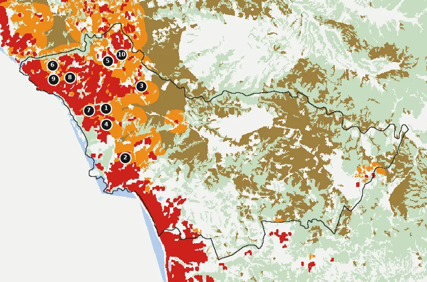 Mapa de El Tabo con las zonas pobladas, la plantación forestal a menos de 500 m y el área quemada entre 2023 y 2025
