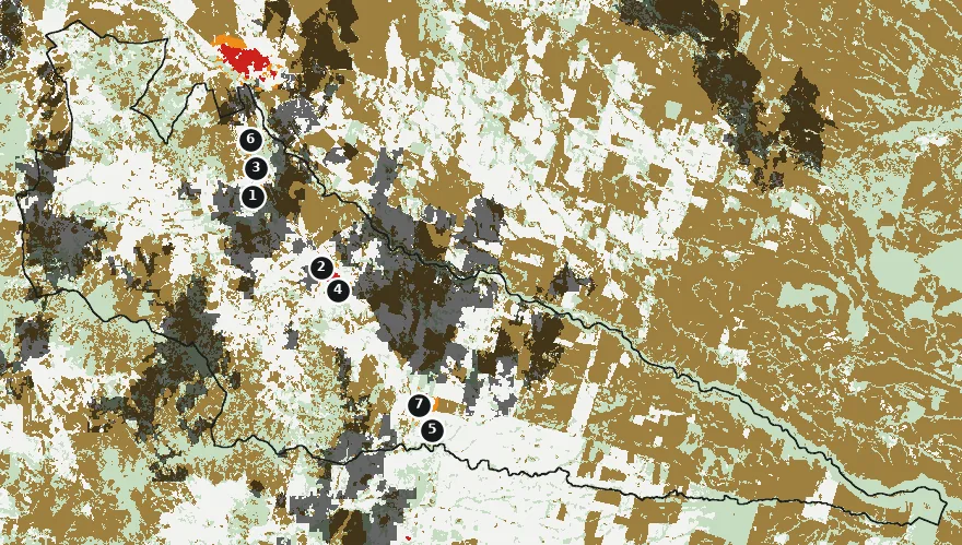Mapa de Ercilla con las zonas pobladas, la plantación forestal a menos de 500 m y el área quemada entre 2023 y 2025
