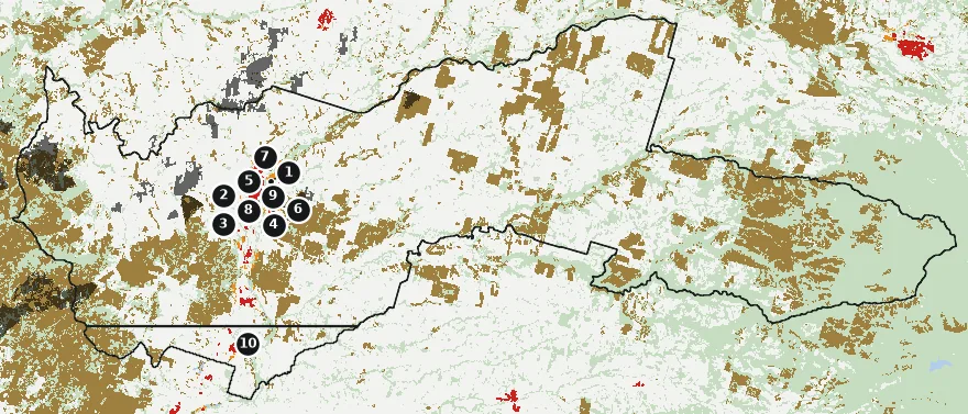 Mapa de Lautaro con las zonas pobladas, la plantación forestal a menos de 500 m y el área quemada entre 2023 y 2025