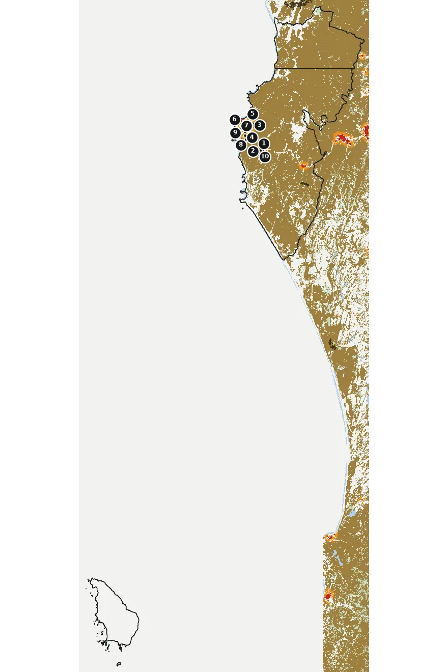 Mapa de Lebu con las zonas pobladas, la plantación forestal a menos de 500 m y el área quemada entre 2023 y 2025