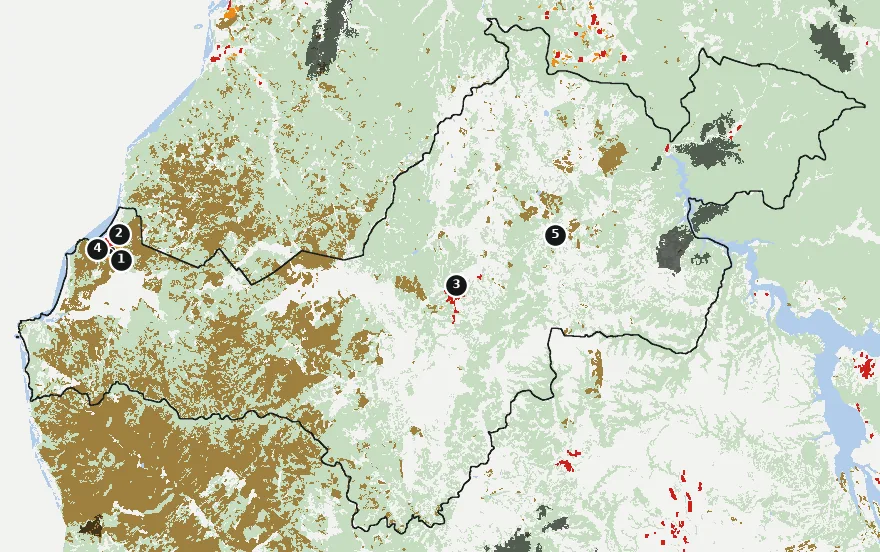 Mapa de Litueche con las zonas pobladas, la plantación forestal a menos de 500 m y el área quemada entre 2023 y 2025