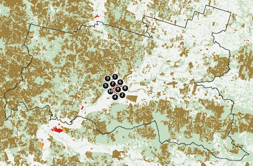 Mapa de Loncoche con las zonas pobladas, la plantación forestal a menos de 500 m y el área quemada entre 2023 y 2025