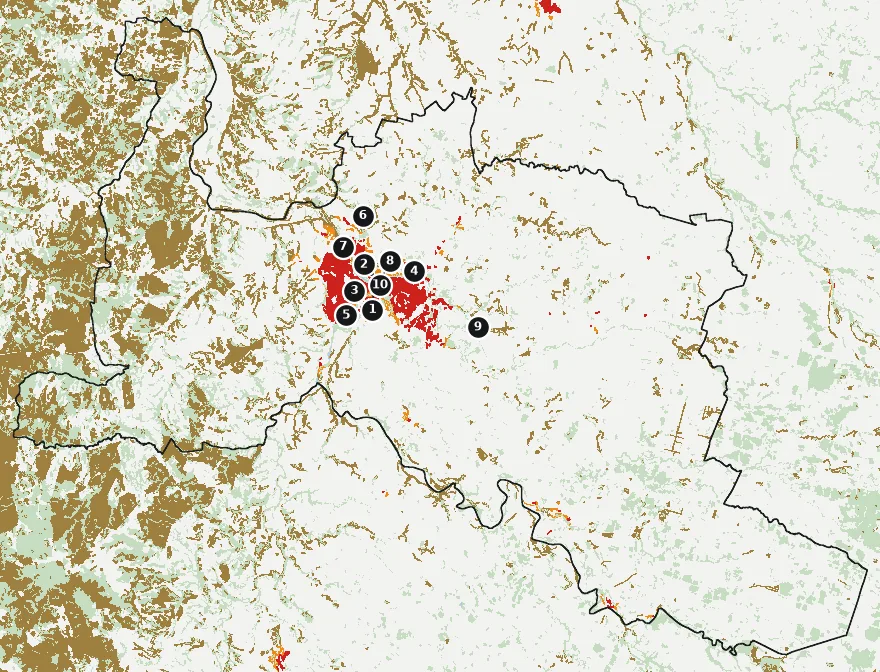Mapa de Osorno con las zonas pobladas, la plantación forestal a menos de 500 m y el área quemada entre 2023 y 2025