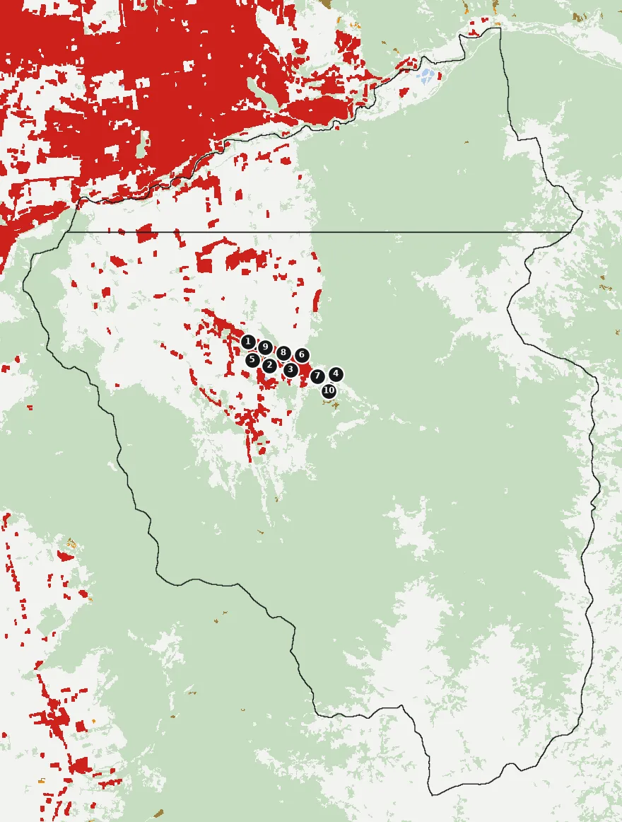 Mapa de Pirque con las zonas pobladas, la plantación forestal a menos de 500 m y el área quemada entre 2023 y 2025