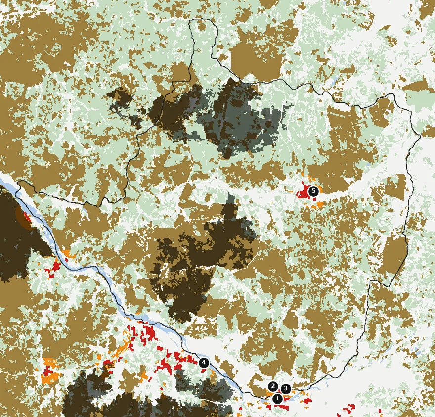 Mapa de Portezuelo con las zonas pobladas, la plantación forestal a menos de 500 m y el área quemada entre 2023 y 2025