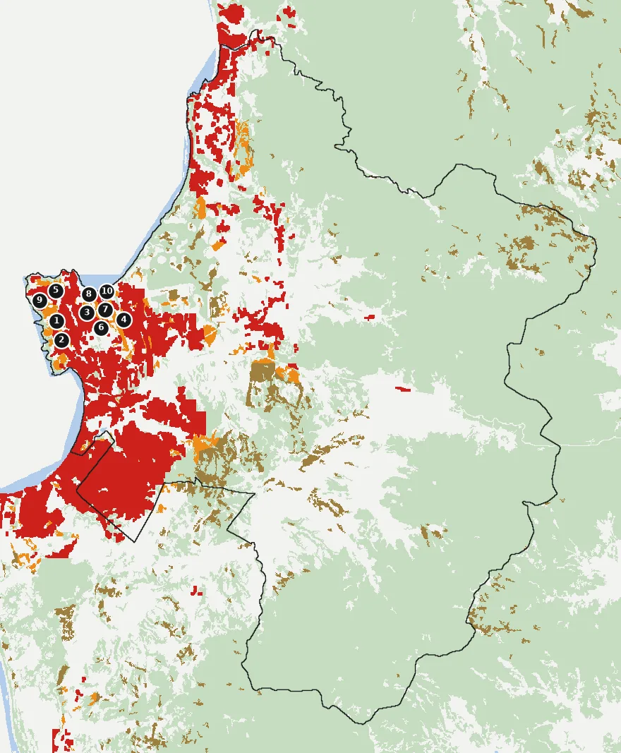 Mapa de Puchuncaví con las zonas pobladas, la plantación forestal a menos de 500 m y el área quemada entre 2023 y 2025
