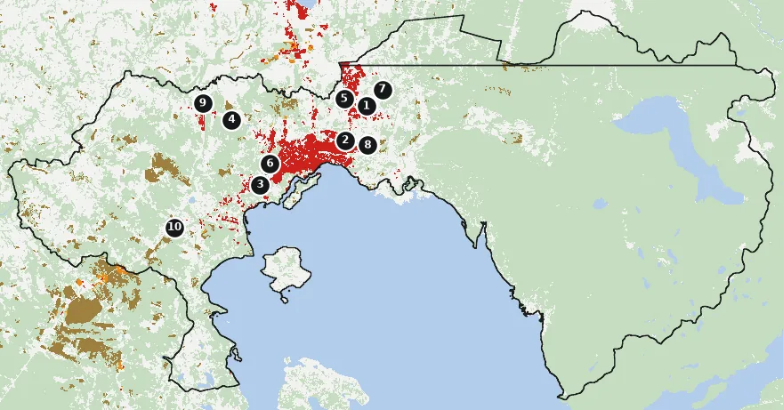 Mapa de Puerto Montt con las zonas pobladas, la plantación forestal a menos de 500 m y el área quemada entre 2023 y 2025