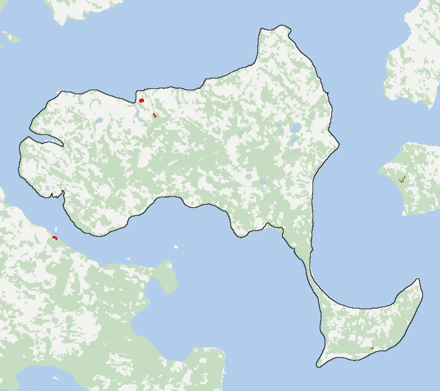 Mapa de Puqueldón con las zonas pobladas, la plantación forestal a menos de 500 m y el área quemada entre 2023 y 2025