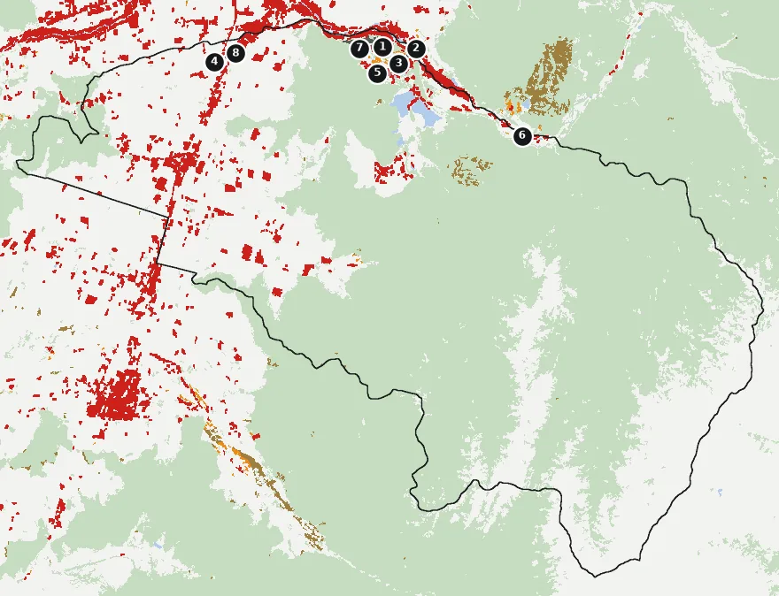 Mapa de Requínoa con las zonas pobladas, la plantación forestal a menos de 500 m y el área quemada entre 2023 y 2025