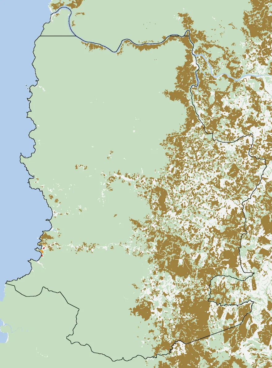 Mapa de San Juan de la Costa con las zonas pobladas, la plantación forestal a menos de 500 m y el área quemada entre 2023 y 2025