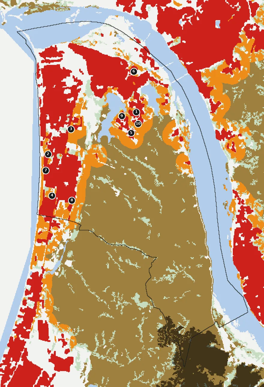Mapa de San Pedro de la Paz con las zonas pobladas, la plantación forestal a menos de 500 m y el área quemada entre 2023 y 2025