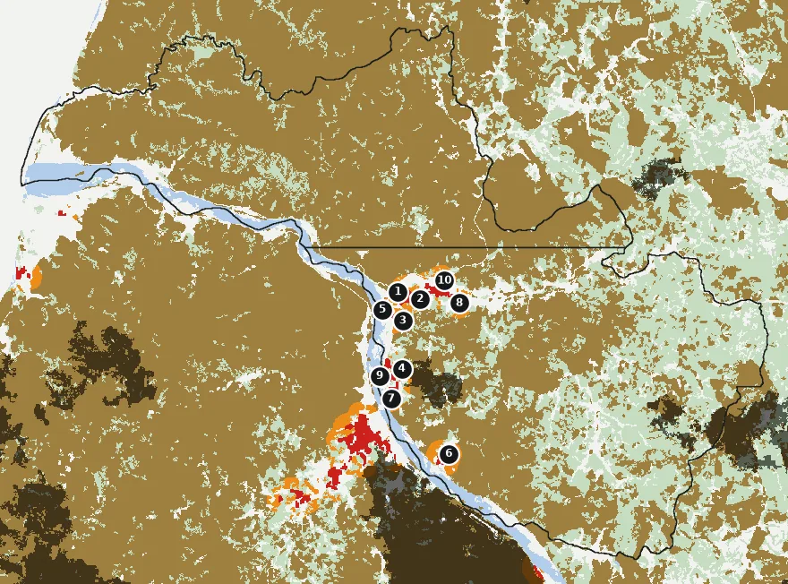 Mapa de Treguaco con las zonas pobladas, la plantación forestal a menos de 500 m y el área quemada entre 2023 y 2025