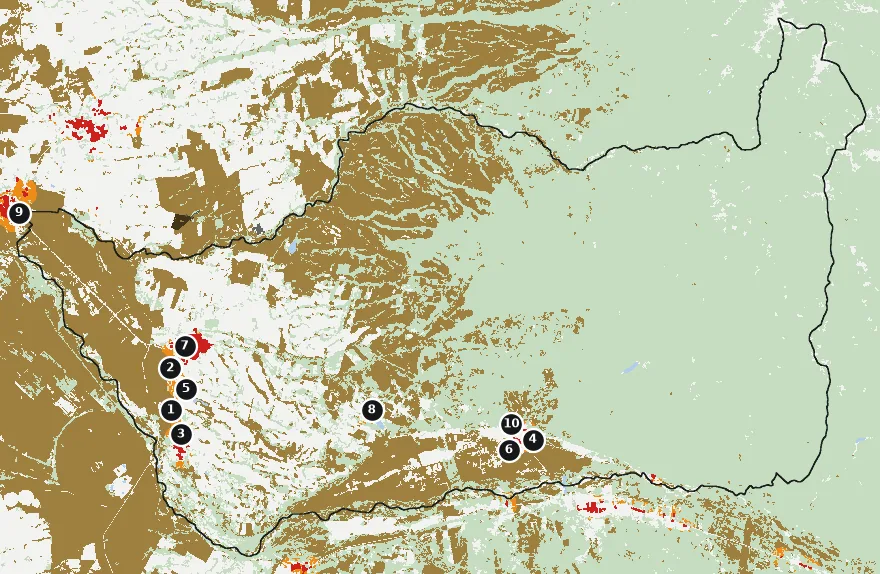 Mapa de Tucapel con las zonas pobladas, la plantación forestal a menos de 500 m y el área quemada entre 2023 y 2025