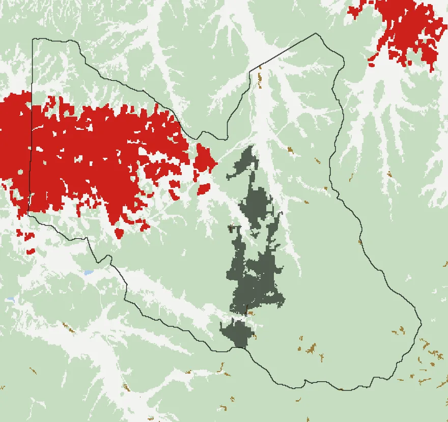 Mapa de Villa Alemana con las zonas pobladas, la plantación forestal a menos de 500 m y el área quemada entre 2023 y 2025