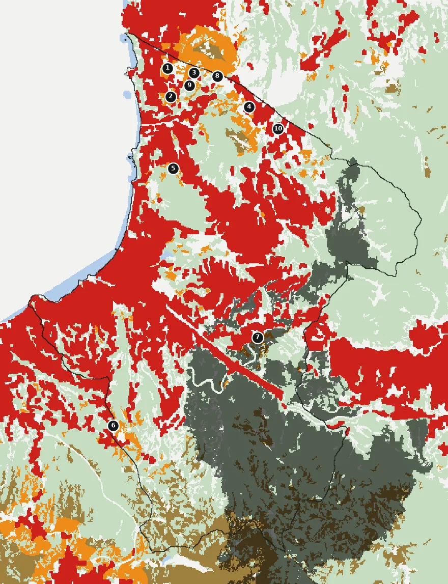 Mapa de Viña del Mar con las zonas pobladas, la plantación forestal a menos de 500 m y el área quemada entre 2023 y 2025